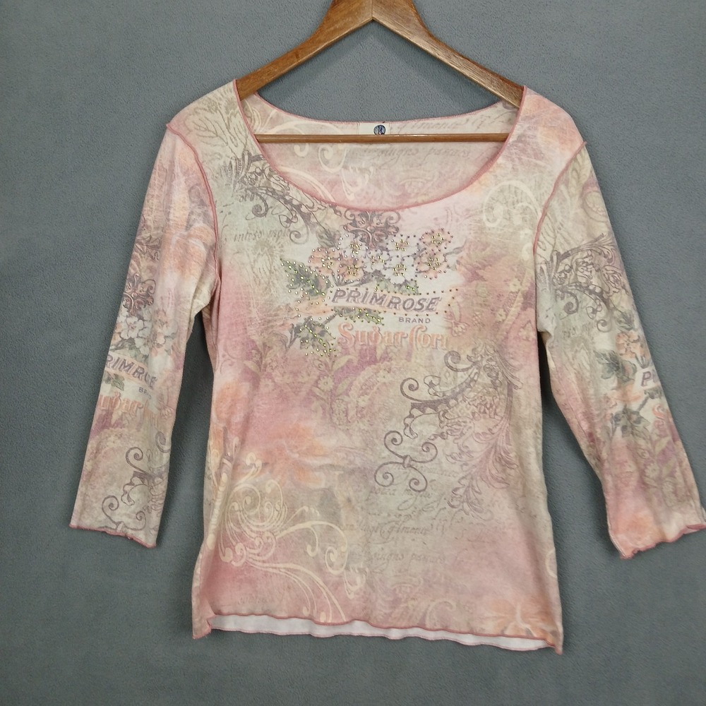 Y2K One World Top Womens M Multicolor Floral Rhinestone Scoop Neck Long Sleeve